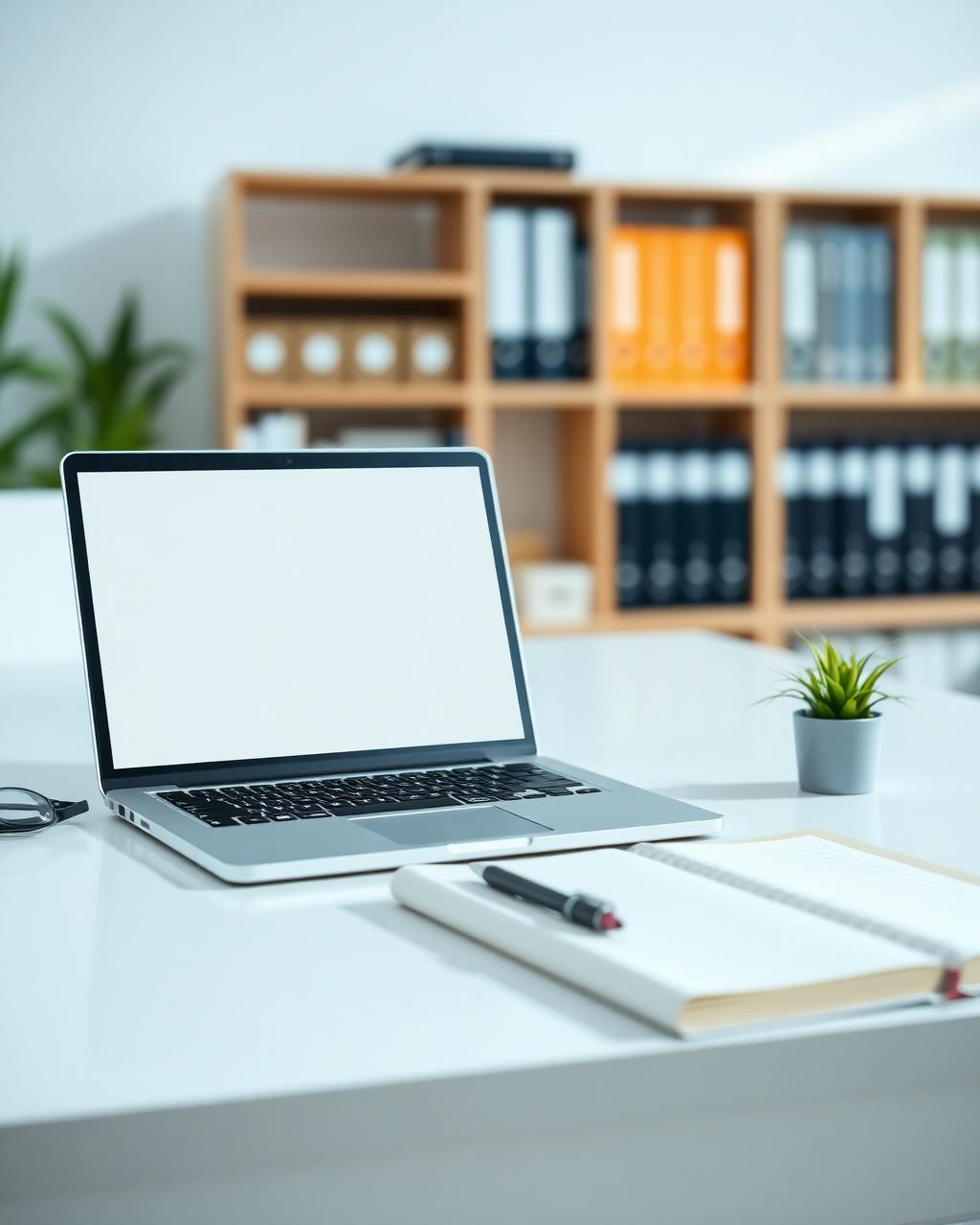 Moderner Büroarbeitsplatz mit Laptop und Notizbuch